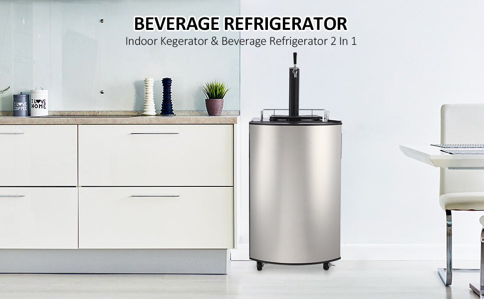 GARVEE Beer Kegerator Single Tap Draft Beer Dispenser Full Size Keg Refrigerator With Shelves silver