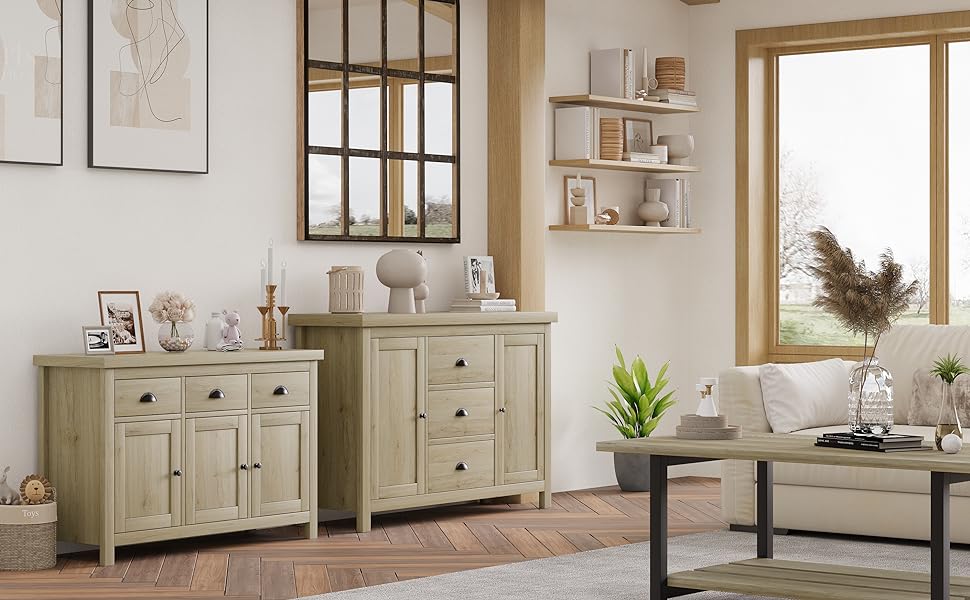 GARVEE Senfot Buffet Sideboards Kitchen Storage Cabinet with 3 Drawers and 2 Doors Sideboard Oak