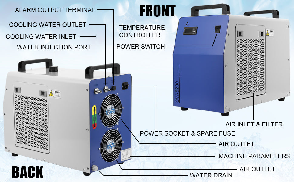 GARVEE 6L Industrial Water Chiller 0.9hp 2.6gpm CW-5200 Water Cooling System Water Cooler