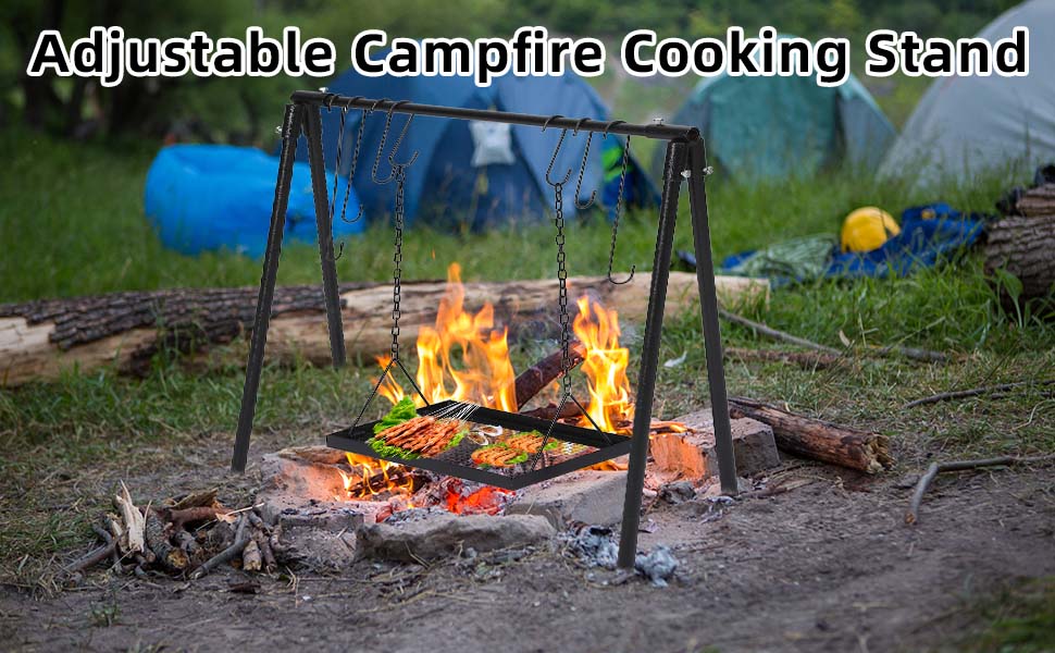 GARVEE Campfire Swing Grill Campfire Cooking Stand Adjustable Cookware Hanging Rack with Lifter & Hooks