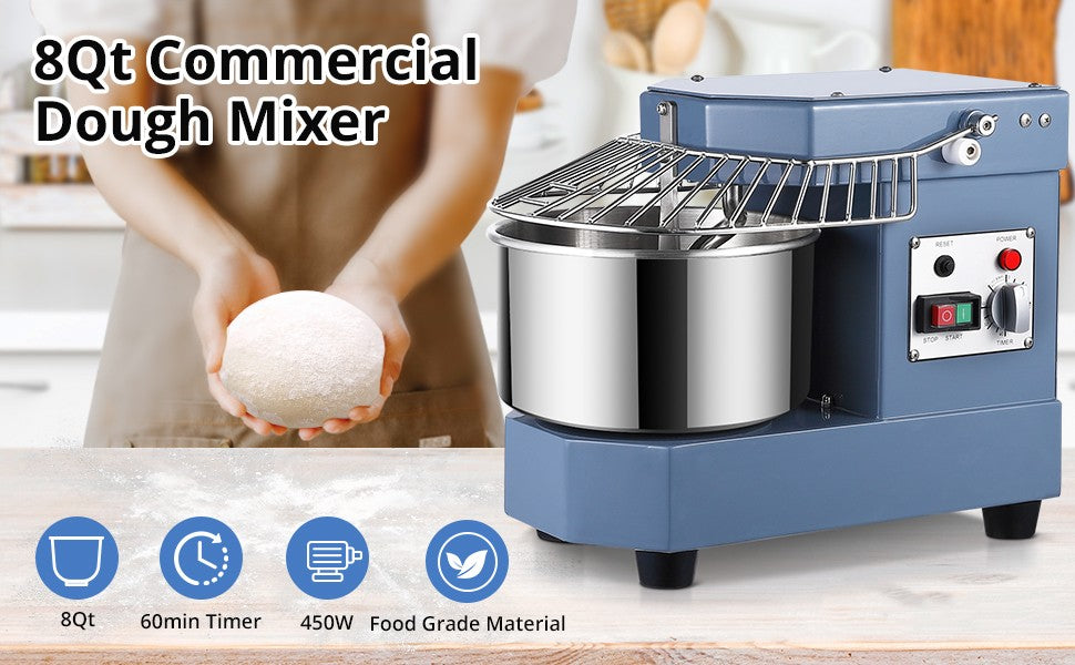 GARVEE Commercial Dough Mixer 8Qt Capacity 450W Dual Rotating Dough Kneading Machine with Stainless Steel Bowl