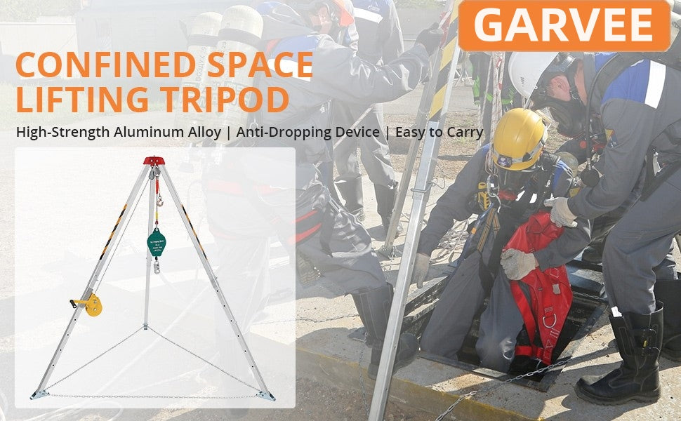 GARVEE Confined Space Tripod Kit Sewer Rescue Tripod with 1200 LBS Lifting Winch & Fall Arrester