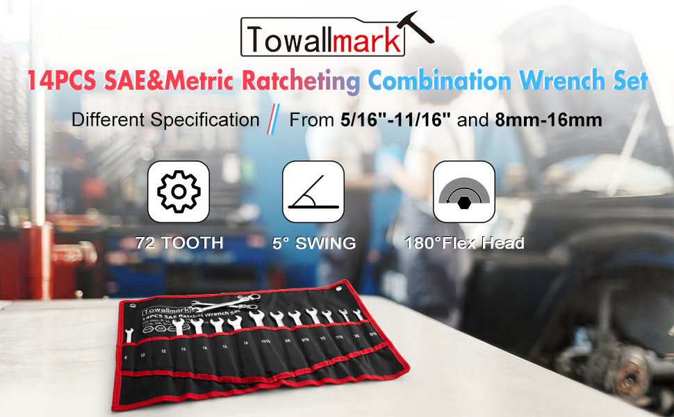 GARVEE Towallmark 14-Piece Flex-Head Ratcheting Wrench Set