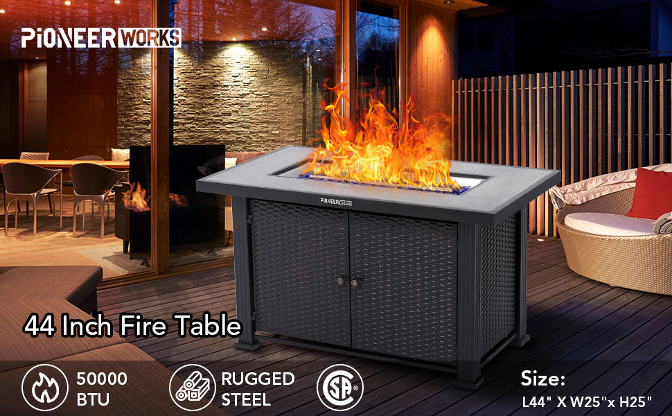 GARVEE PIONEERWORKS 44 Inch Propane Fire Pit Table 50000BTU Rectangle Table with Double Sided Cover