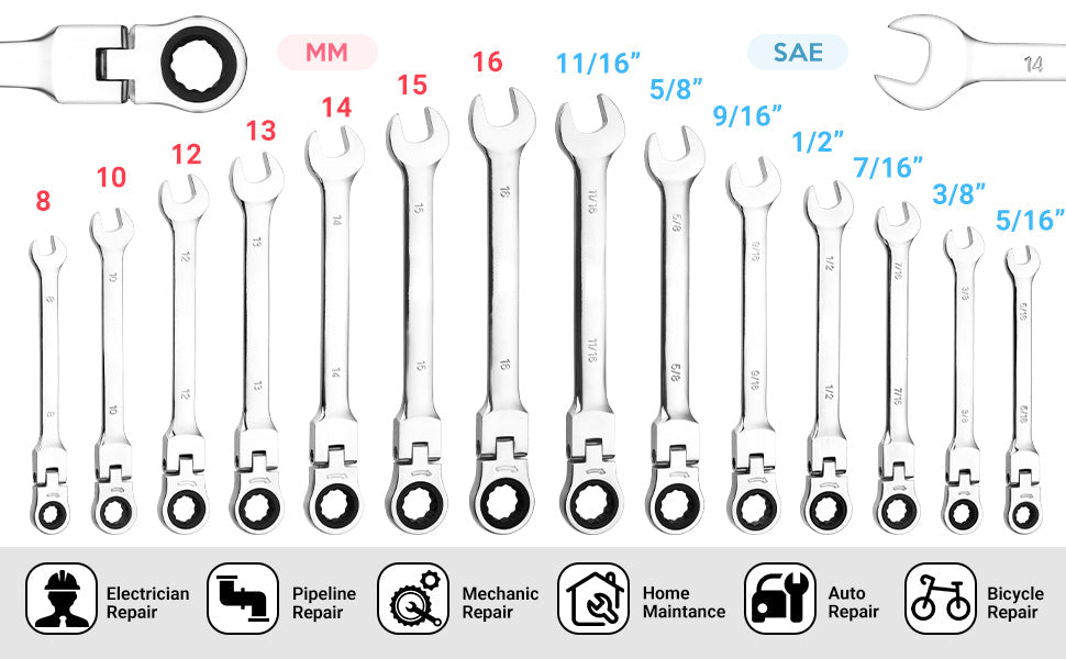 GARVEE 14PCS Flex-Head Wrench Set Ratcheting Combination Set SAE 5/16 -11/16 Inch & Metric 8-16mm