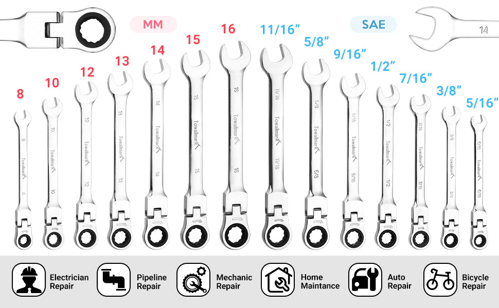 GARVEE Towallmark 14-Piece Flex-Head Ratcheting Wrench Set