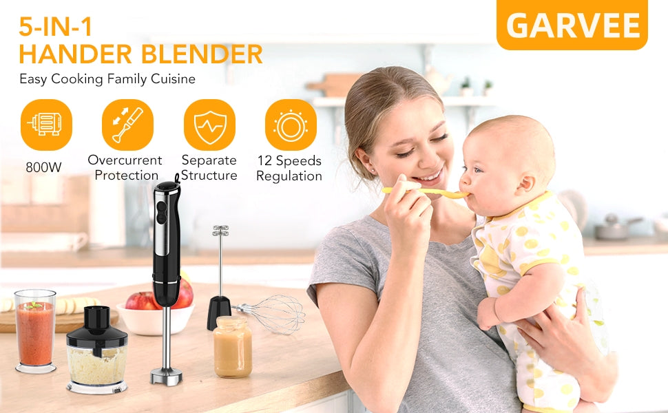 GARVEE 800W Immersion 5-in-1 Hand Blender 12 Speed Stainless Steel Stick Blender with Turbo Mode