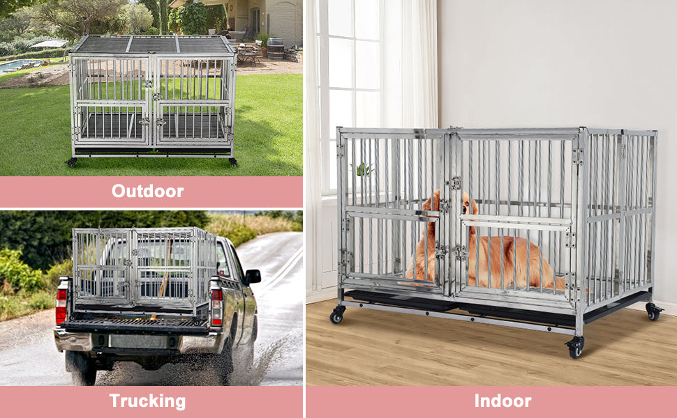 GARVEE 42 Inch Heavy Duty Dog Crate Cage Kennel with Wheels Full Stainless Steel Double Door
