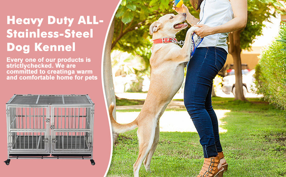 GARVEE 42 Inch Heavy Duty Dog Crate Cage Kennel with Wheels Full Stainless Steel Double Door
