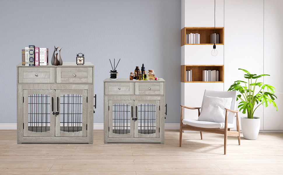 GARVEE Dog Crate Furniture with Cushion Wooden Dog Crate Table 2 Drawers 3-Doors Dog Furniture Grey