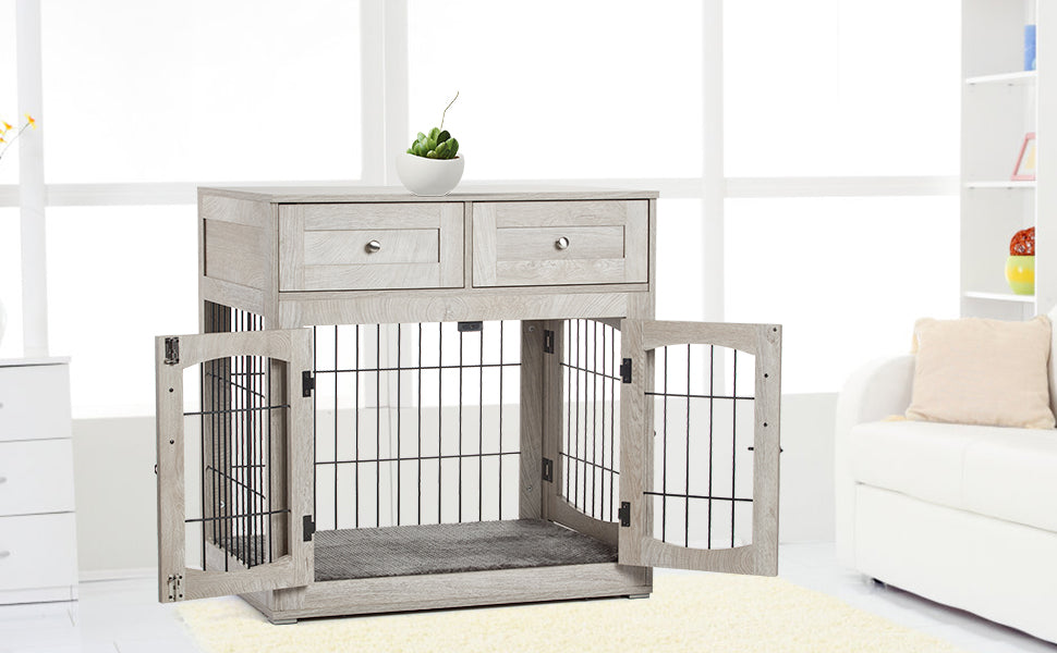 GARVEE Dog Crate Furniture with Cushion Wooden Dog Crate Table 2 Drawers 3-Doors Dog Furniture Grey