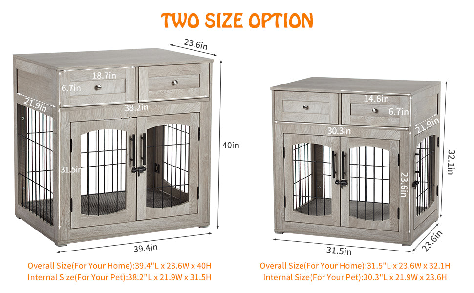 GARVEE Dog Crate Furniture with Cushion Wooden Dog Crate Table 2 Drawers 3-Doors Dog Furniture Grey