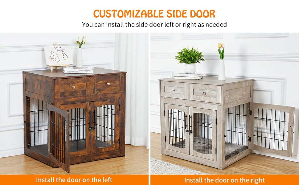 GARVEE Dog Crate Furniture with Cushion Wooden Dog Crate Table 2 Drawers 3-Doors Dog Furniture Grey