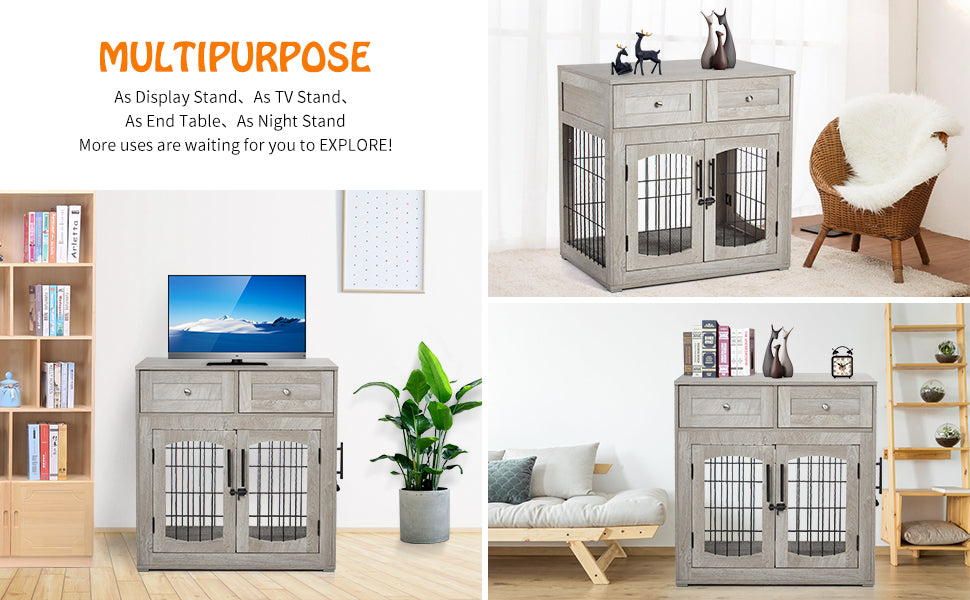 GARVEE Dog Crate Furniture with Cushion Wooden Dog Crate Table 2 Drawers 3-Doors Dog Furniture Grey