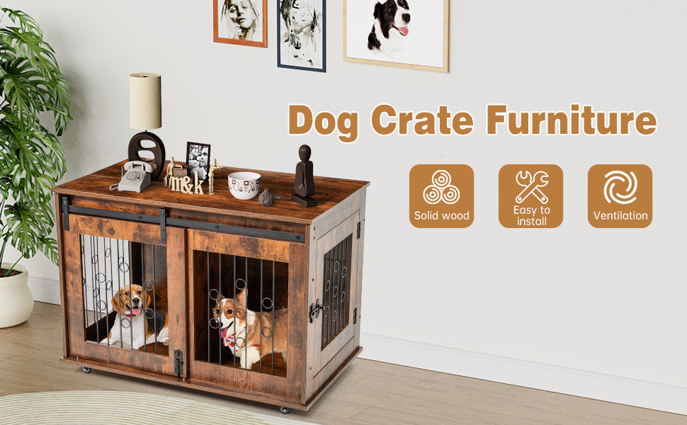 GARVEE Double Dog Crate 39 Inch Wooden Dog Kennel End Table with Divider Sliding Barn Door ZH-03