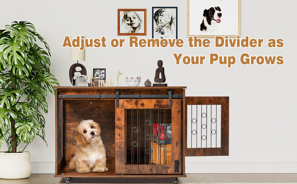 GARVEE Double Dog Crate 39 Inch Wooden Dog Kennel End Table with Divider Sliding Barn Door ZH-03