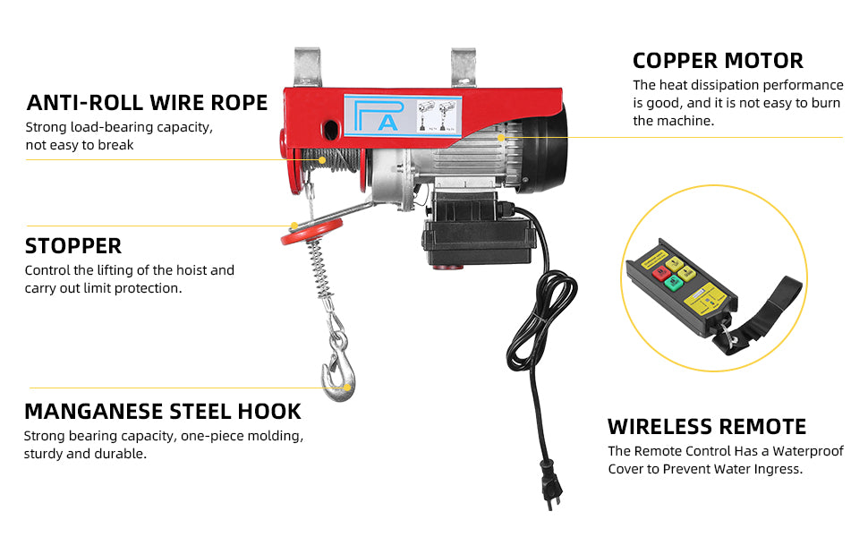 GARVEE Electric Hoist 440 LBS 110V Electric Wire Crane Lift Electric Hoist Crane Power System with Remote Control