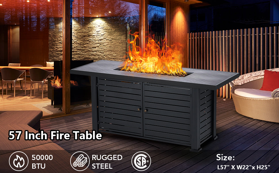 GARVEE 57 Inch Propane Fire Pit Table 50000BTU Rectangle Fire Table with Cover & Rain Cover Gray