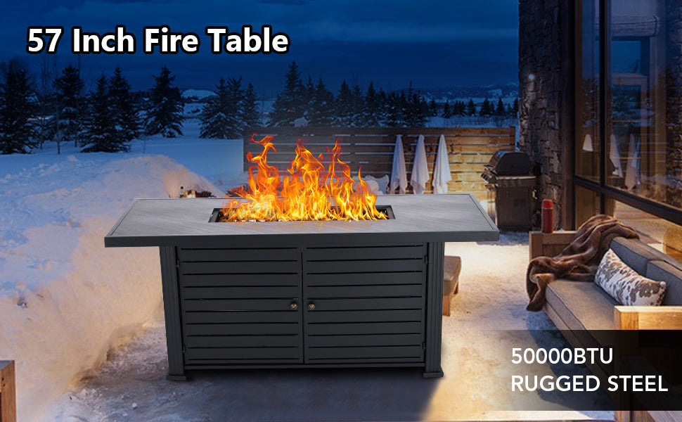 GARVEE 57 Inch Propane Fire Pit Table 50000BTU Rectangle Fire Table with Cover & Rain Cover Gray