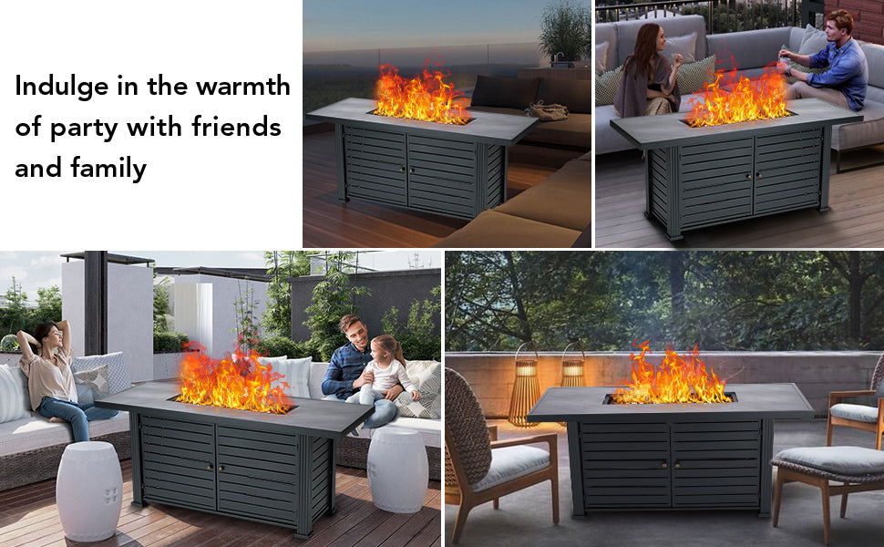 GARVEE 57 Inch Propane Fire Pit Table 50000BTU Rectangle Fire Table with Cover & Rain Cover Gray