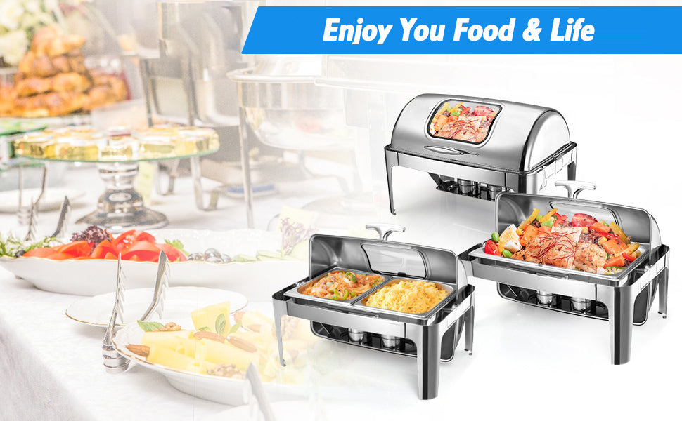 GARVEE 9 QT Visible Roll Top Chafing Dish Buffet Set Stainless Steel Buffet Servers And Warmers For Party