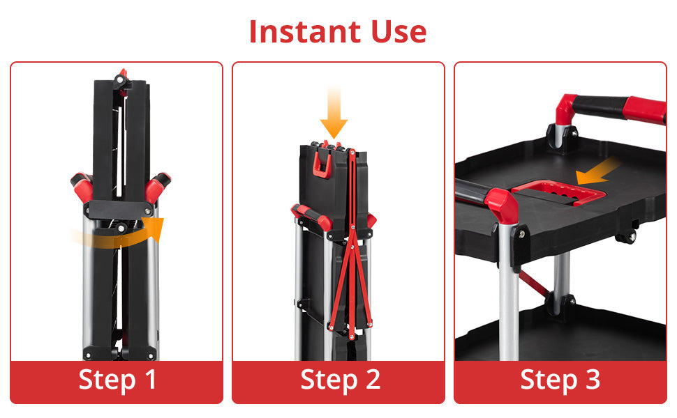 GARVEE Portable Folding Service Cart 3 Tier Folding Utility Cart 56 Lbs Load Capacity per Shelf