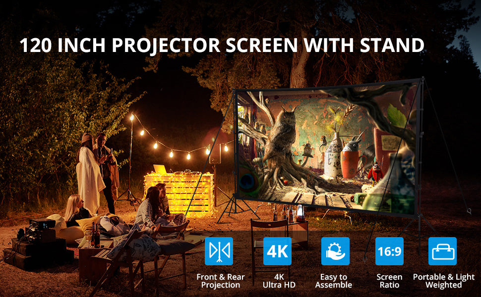 GARVEE Projector Screen With Stand 120 Inch 16:9 4K HD Rear & Front Projections Movies Screen With Carry Bag