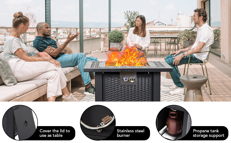 GARVEE PIONEERWORKS 28 Inch Propane Fire Pit Table 50000BTU Rectangle Fire Table With Cover