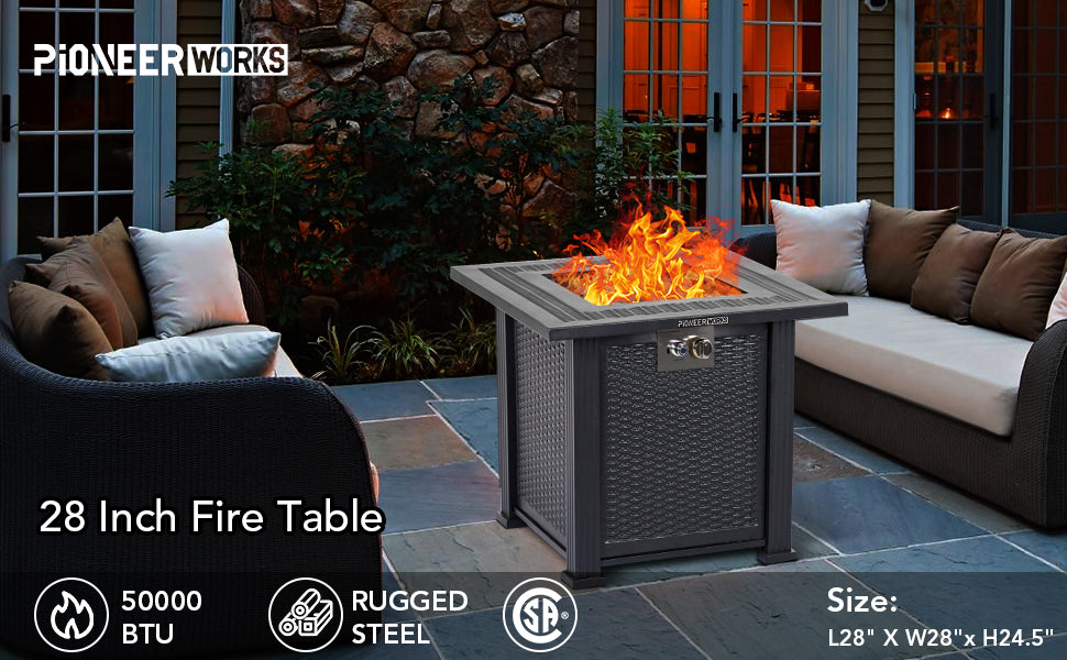GARVEE PIONEERWORKS 28 Inch Propane Fire Pit Table 50000BTU Rectangle Fire Table With Cover