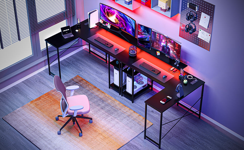 GARVEE L Shaped Computer Gaming Desk 54 Inch Reversible Desk with Power Outlet & LED Light Black