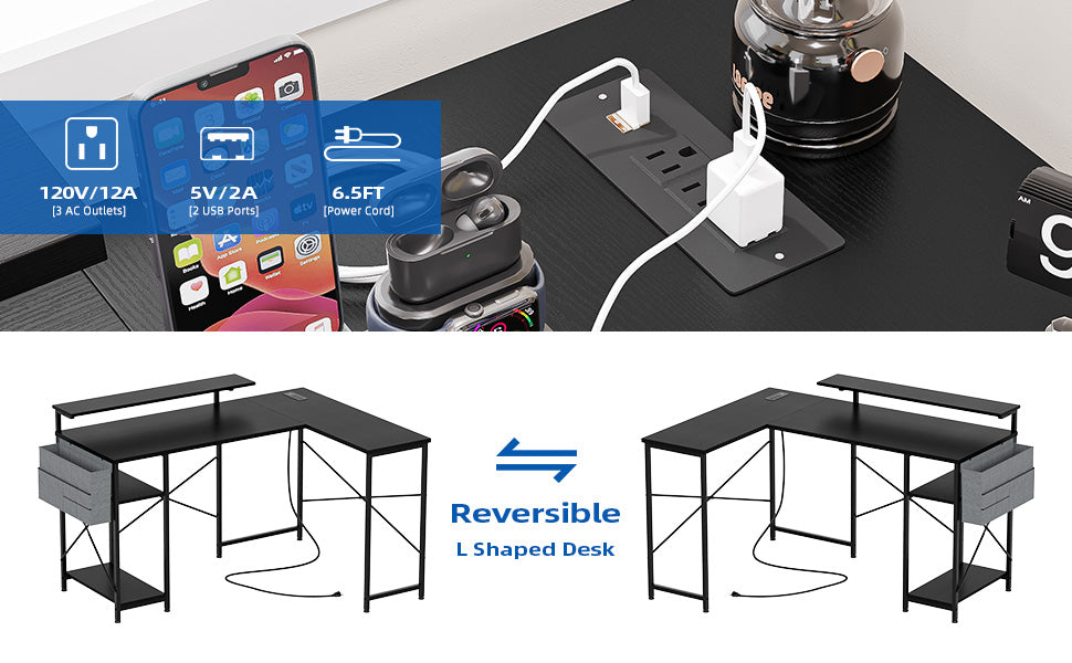 GARVEE L Shaped Computer Gaming Desk 54 Inch Reversible Desk with Power Outlet & LED Light Black