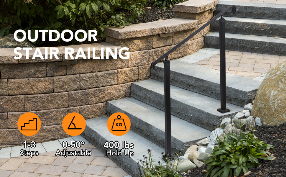 GARVEE Handrails for Outdoor Steps Fits 1-3 Steps Mattle Wrought Iron Handrail Stair Rail Black