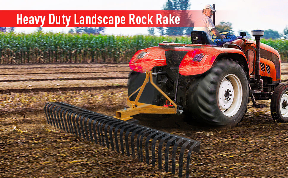 Garvee Heavy Duty Landscape Rock Rake 3 Point Attach 5 FT Tow-Behind Garden Tractor Rotatable Rake