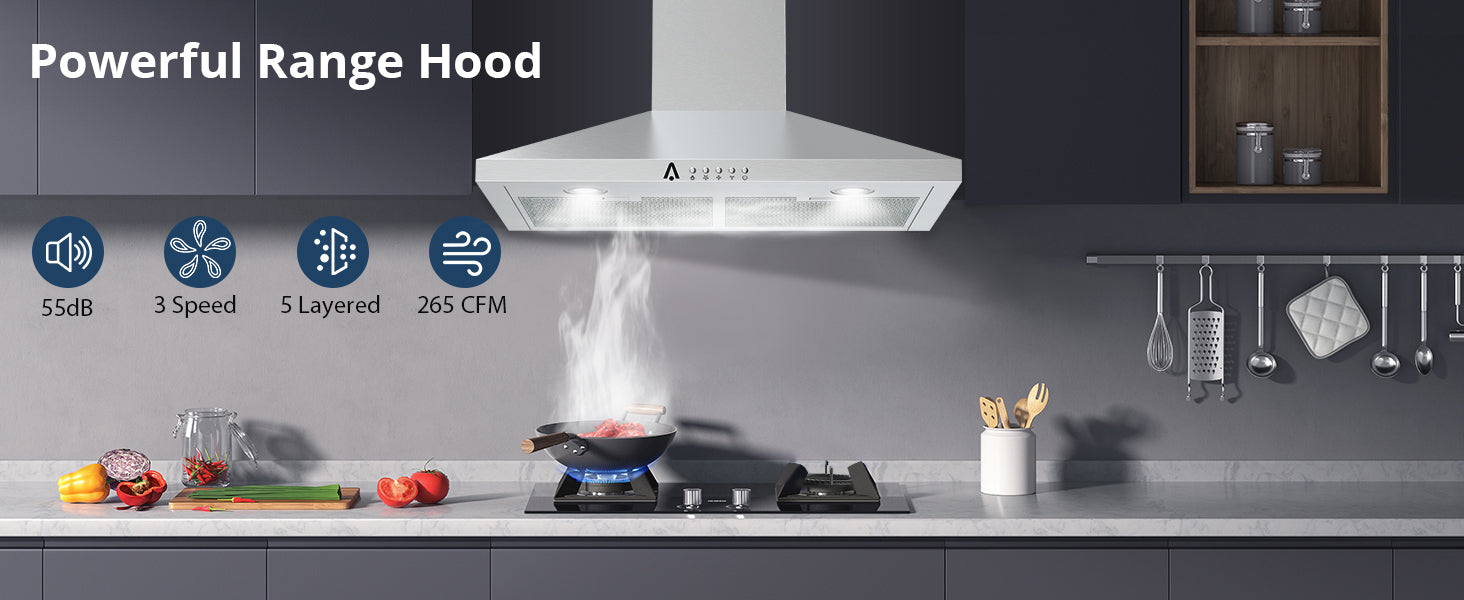 GARVEE Kitchen Hood 30 Inch Wall Mount Range Hood with 2m Ventilation Duct and 5-Layer Filters