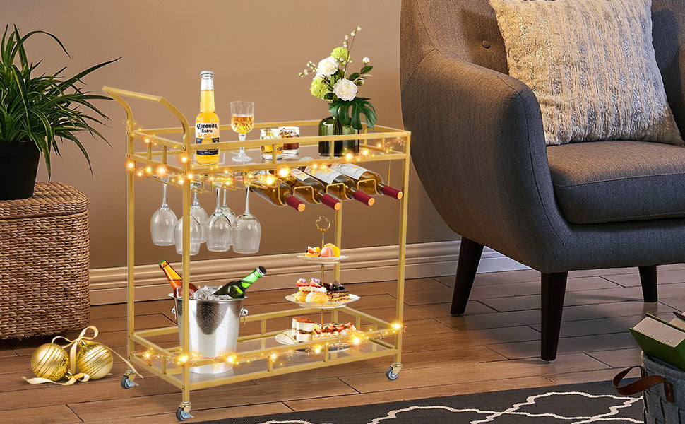 GARVEE Large Bar Cart Home Bar Serving Cart Wine Cart with 2 Mirrored Shelves Wine Holders Gold