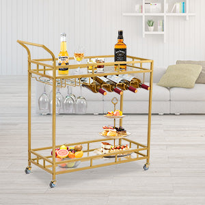GARVEE Large Bar Cart Home Bar Serving Cart Wine Cart with 2 Mirrored Shelves Wine Holders Gold