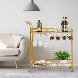 GARVEE Large Bar Cart Home Bar Serving Cart Wine Cart with 2 Mirrored Shelves Wine Holders Gold