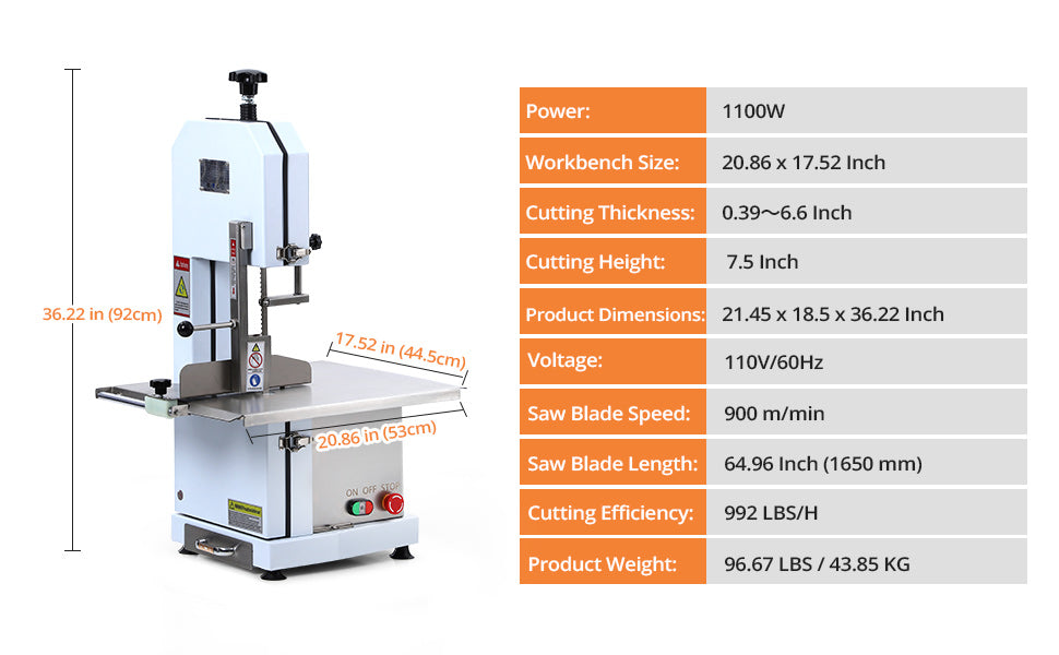 GARVEE Meat Saw for Butchering 1100W Bone Saw Machine 0.39～6.6 Inches Cutting Thickness