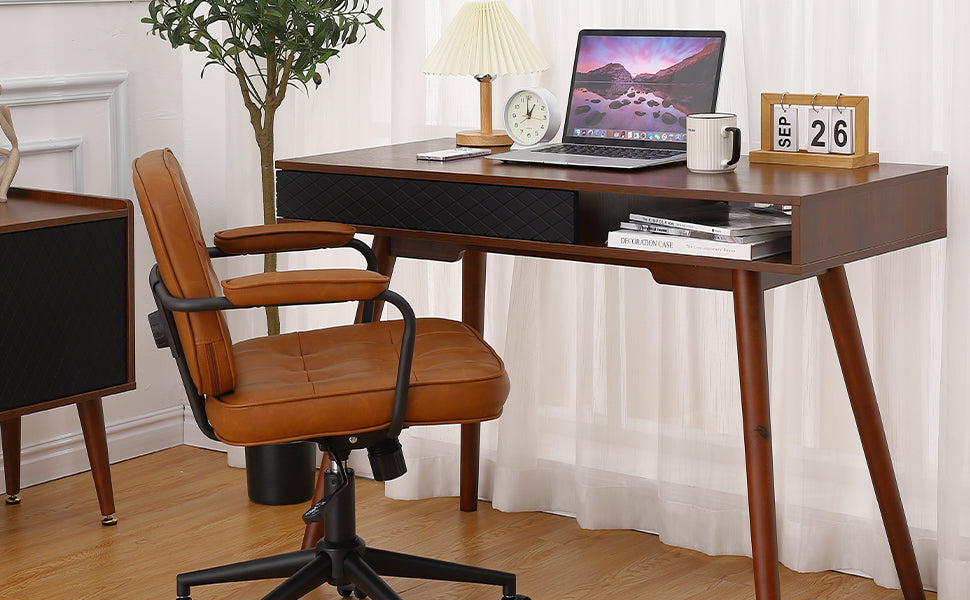 GARVEE Mid Century Modern Desk with Drawers Simple Home Office Desk Writing Desk Walnut