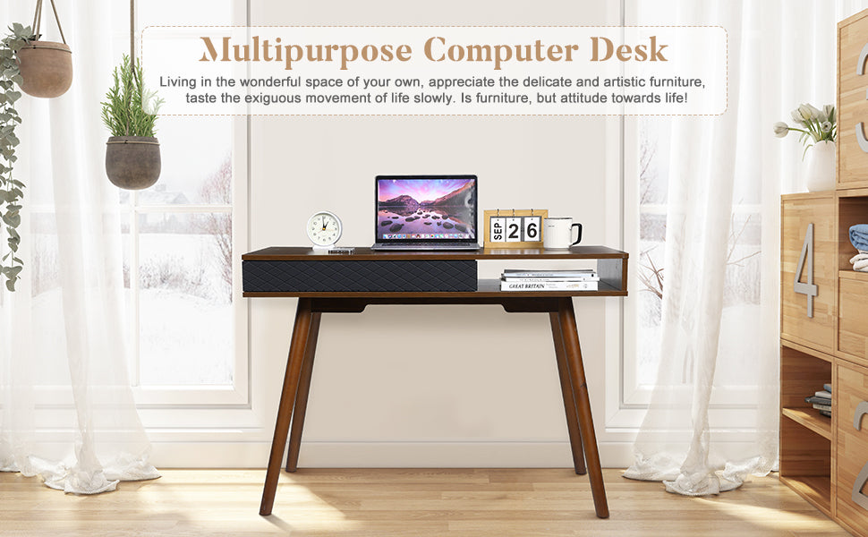 GARVEE Mid Century Modern Desk with Drawers Simple Home Office Desk Writing Desk Walnut