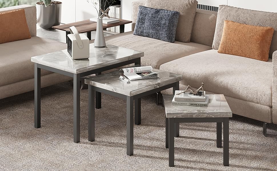 GARVEE Nesting Coffee Table Set of 3 Small End Table Set for Living Room & Small Spaces Marble