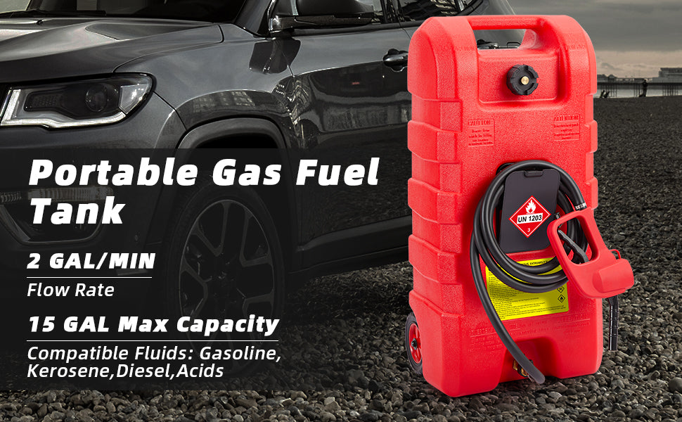 15 Gallon Portable Fuel Caddy, Manual Nozzle, 2GPM, Red