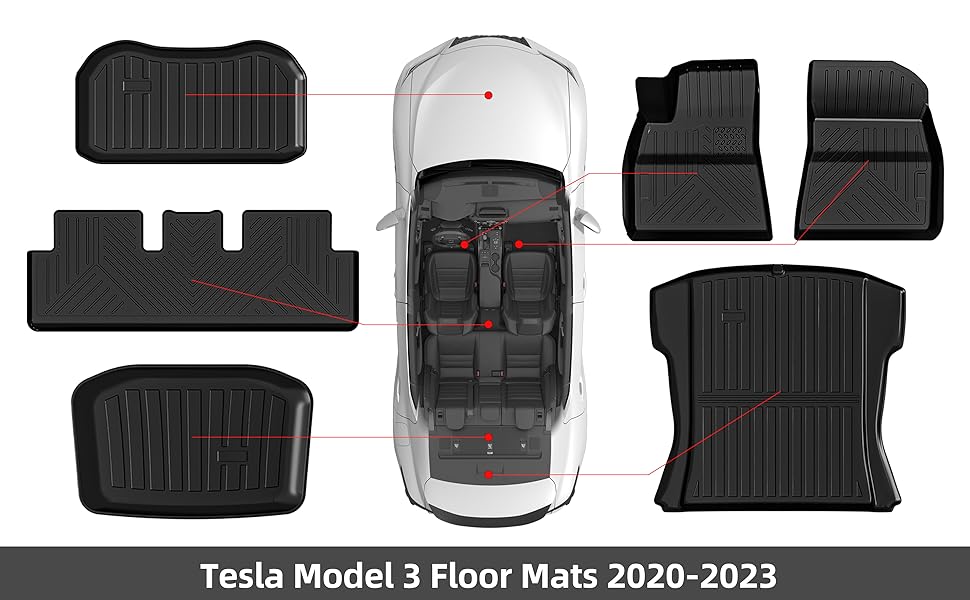 2020-2023 Tesla Model 3 TPE Floor Mats, TPE,1st & 2nd Row