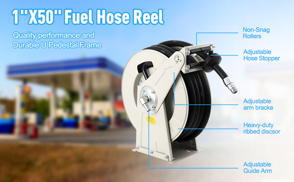 1x50 Inch Retractable Fuel Hose Reel, 300PSI, Auto Swivel