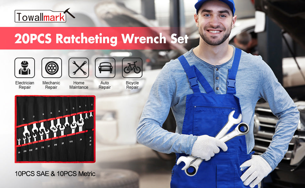 GARVEE TOWALLMARK 20-Piece SAE Metric Ratcheting Combination Wrench Set Ratchet Wrenches Set