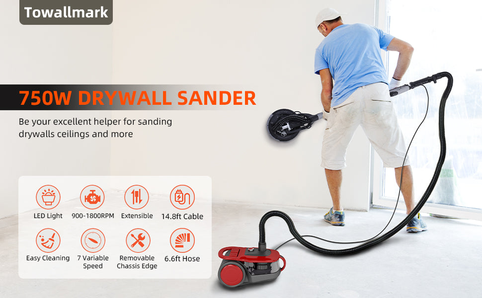 GARVEE TOWALLMARK 750W Electric Drywall Sander 7 Variable Speed 900-1800 RPM Sander with LED Light 14 Pcs Sanding discs