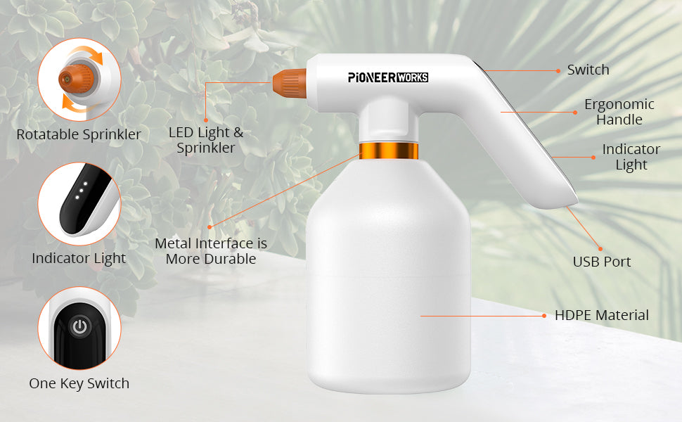 PIONEERWORKS Electric Plant Spray Bottle Electric Handheld Watering Can with Indicator Light