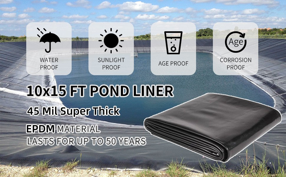 10x15ft 45 Mil EPDM Pond Liner, UV Resistant, for Pondss