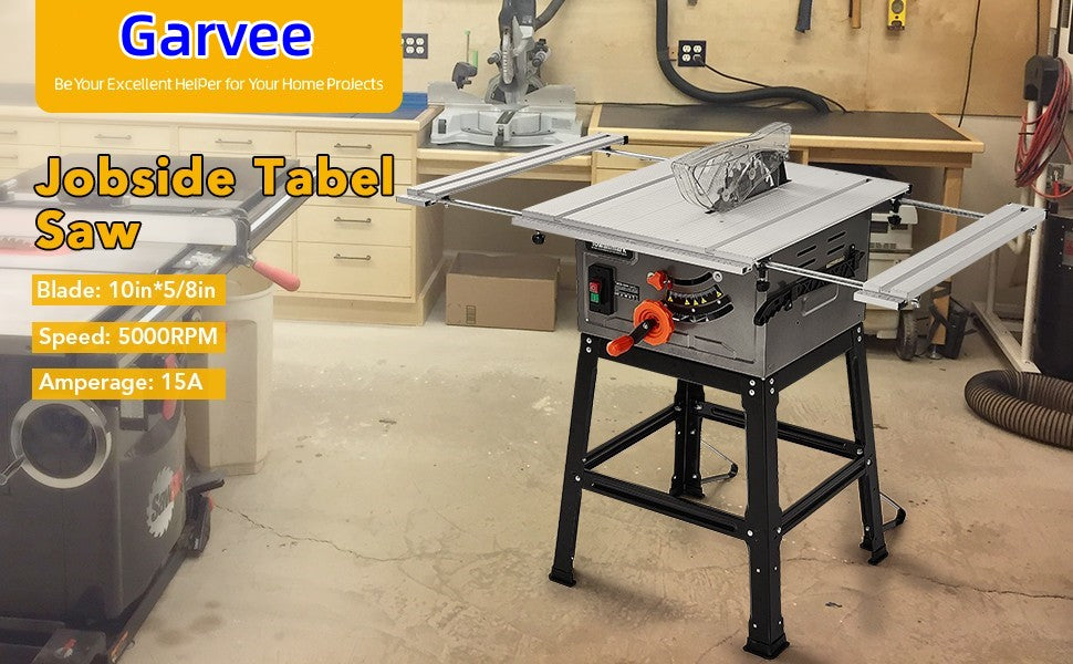 GARVEE Table Saw Garvee 10 Inch 15A Multifunctional Saw with Stand & Push Stick