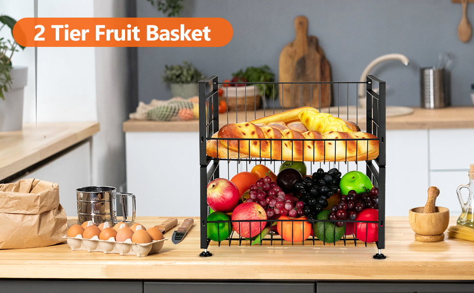 GARVEE 2 Tier Fruit Basket with 4 Removable Banana Hangers Fruit Bowl for Kitchen Counter